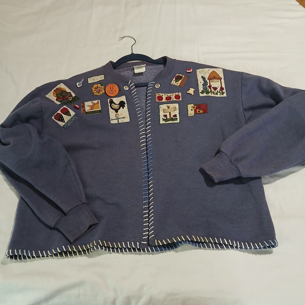 VTG Jerzees Fall Themed Open Cardigan Sweatshirt Large Pumpkin Pin Handmade